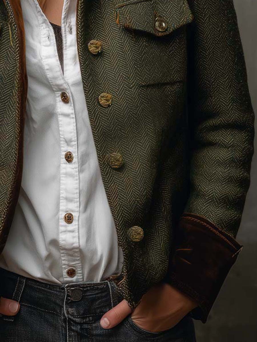Blazer vintage de mujer de espiga con ribetes en contraste.
