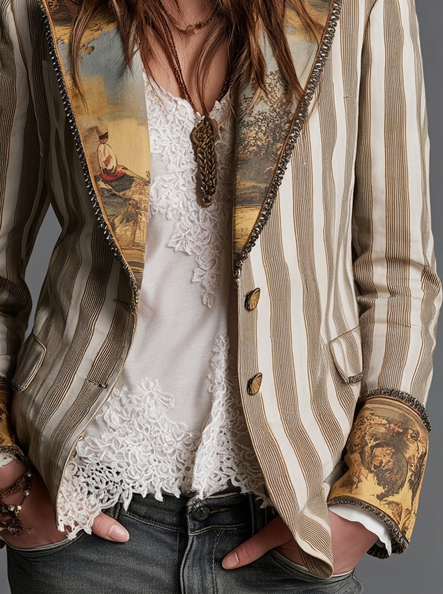 Madrid | Blazer de Mujer con solapas y estampado de rayas bohemio.