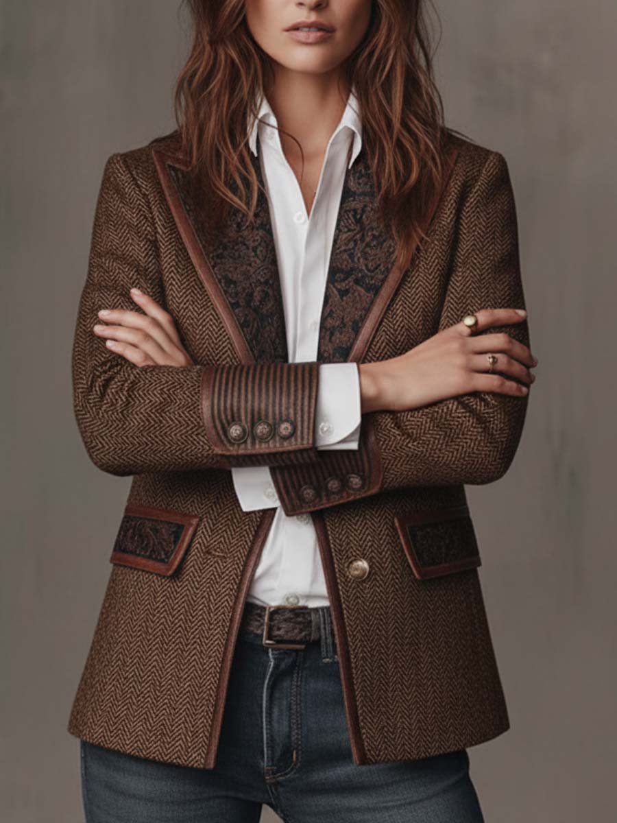 Blazer de mujer de espiga con paneles estampados.