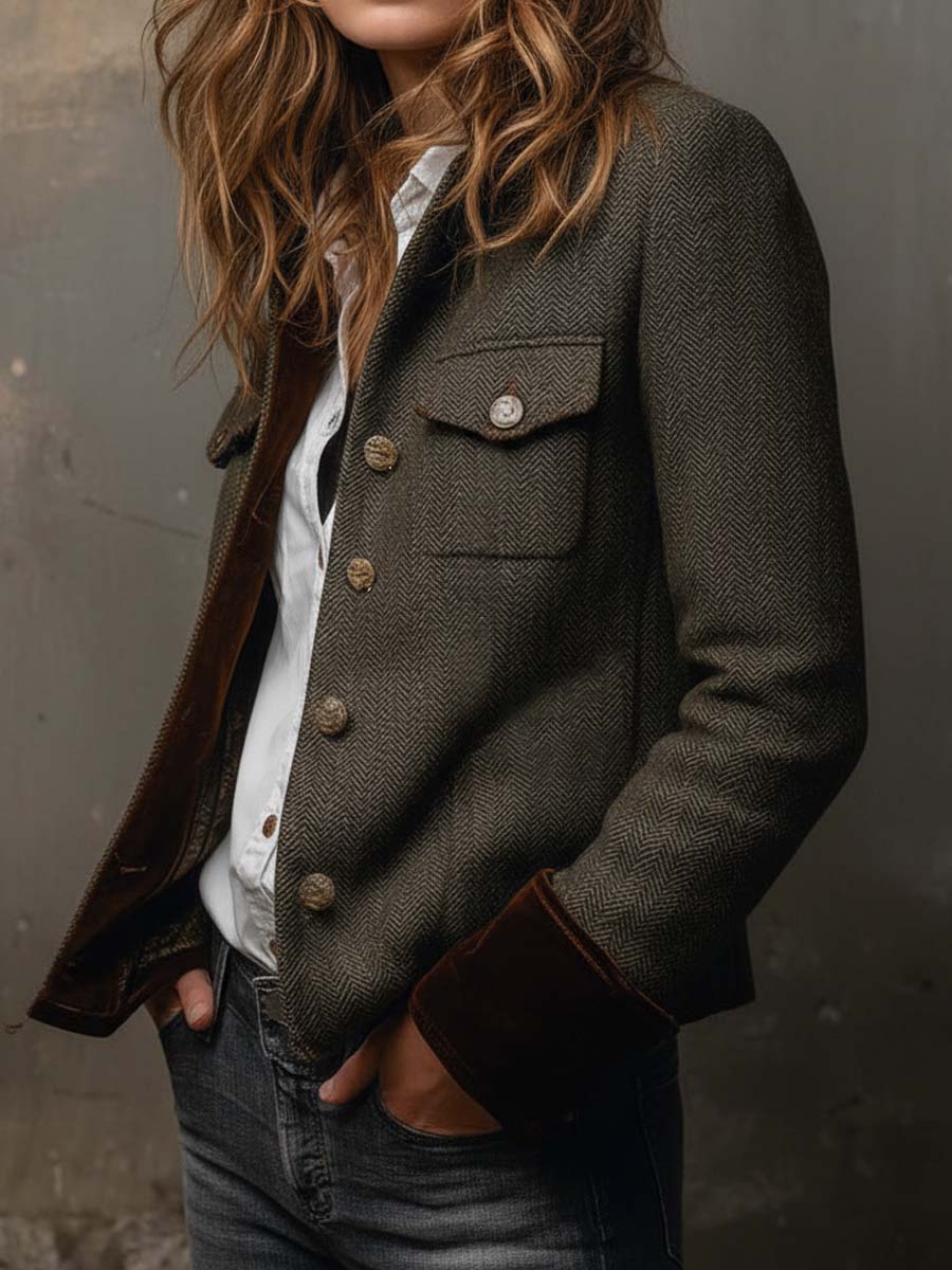 Blazer vintage de mujer de espiga con ribetes en contraste.