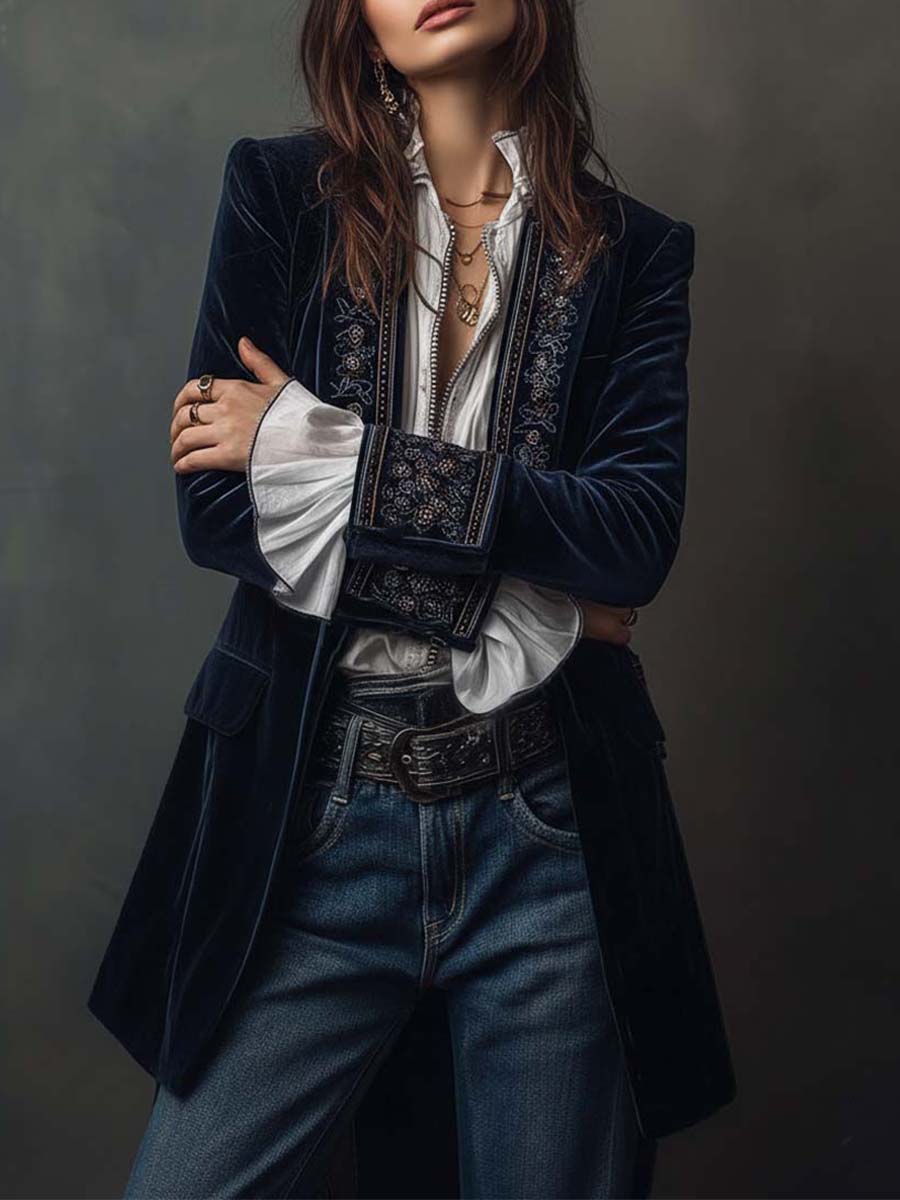 Chaqueta larga vintage de mujer azul marino bordada.