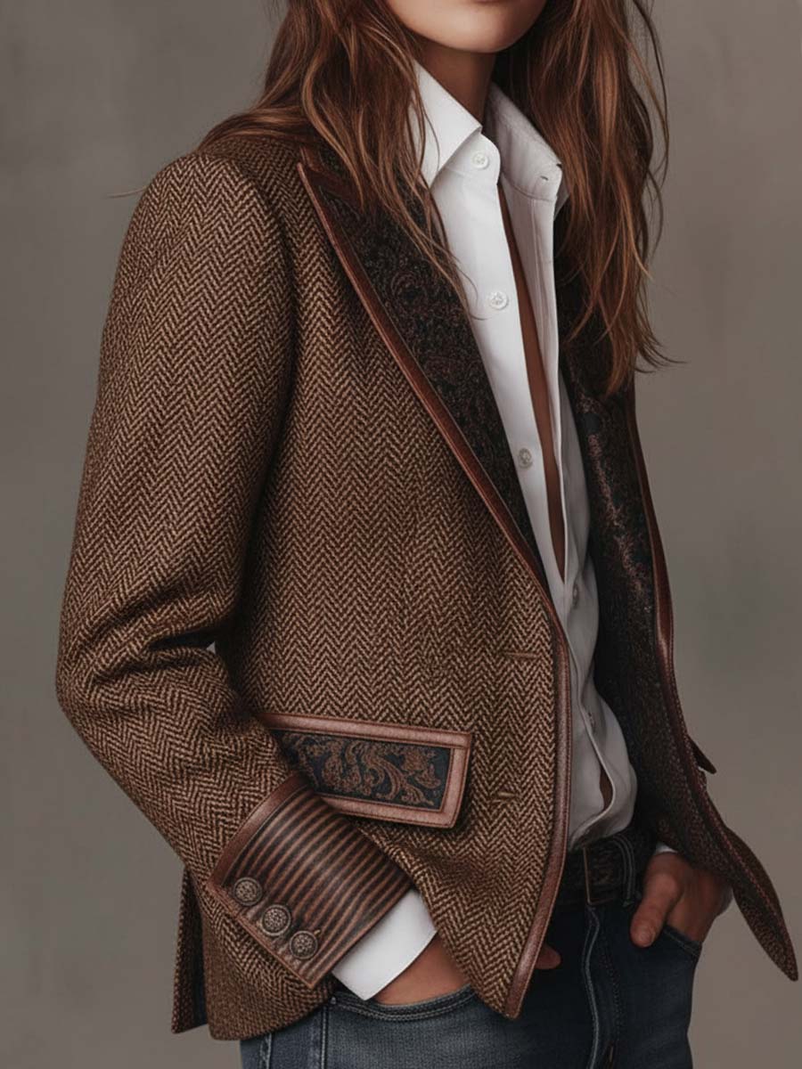 Blazer de mujer de espiga con paneles estampados.