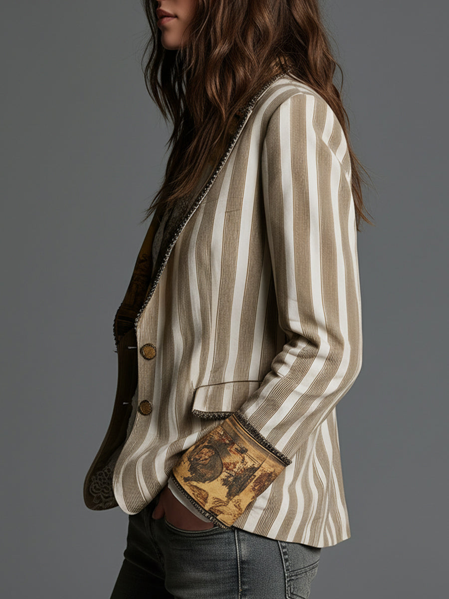 Blazer de mujer con solapas y estampado de rayas bohemio.