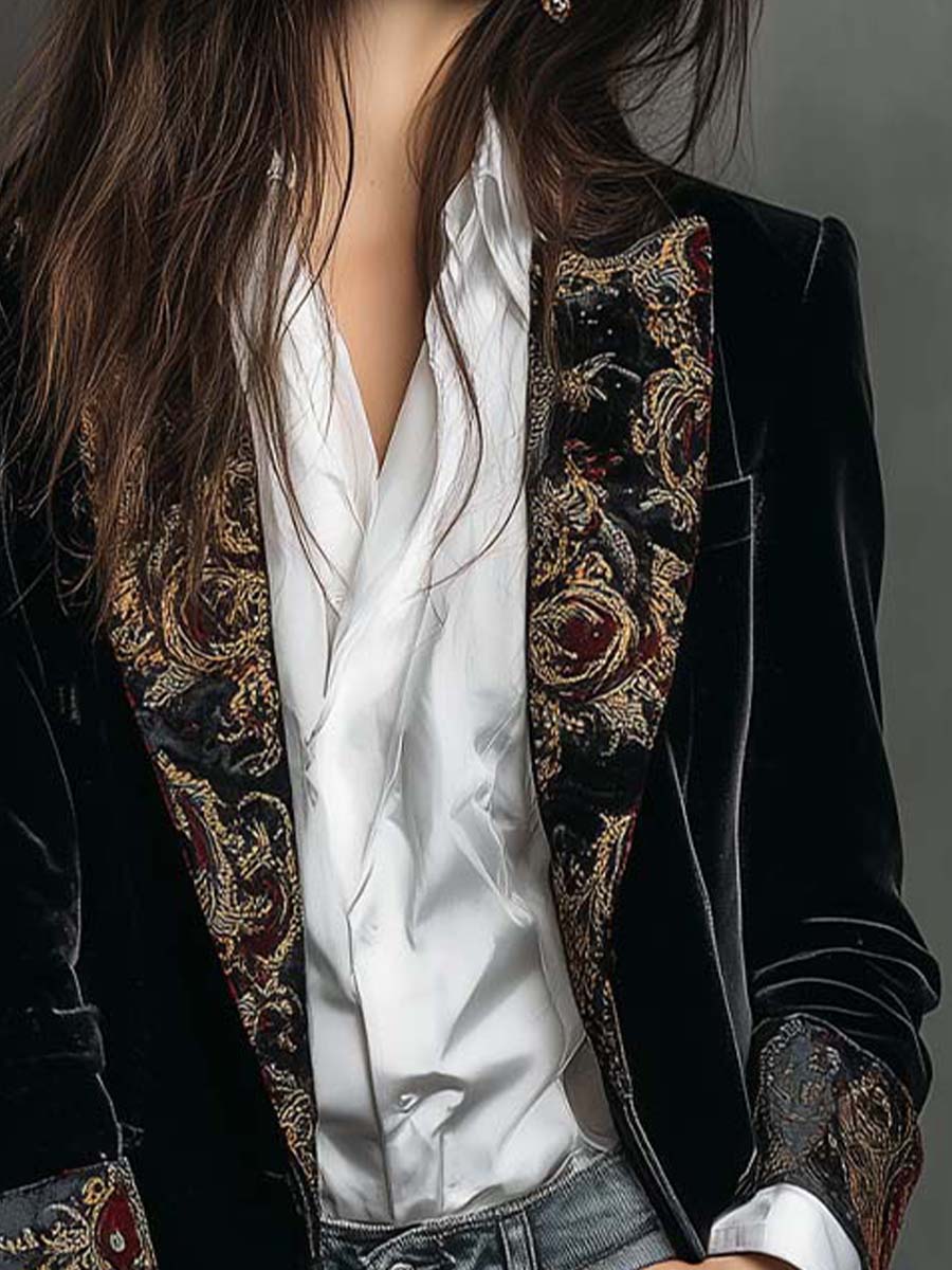 Blazer negro de mujer slim fit con solapas y estampado