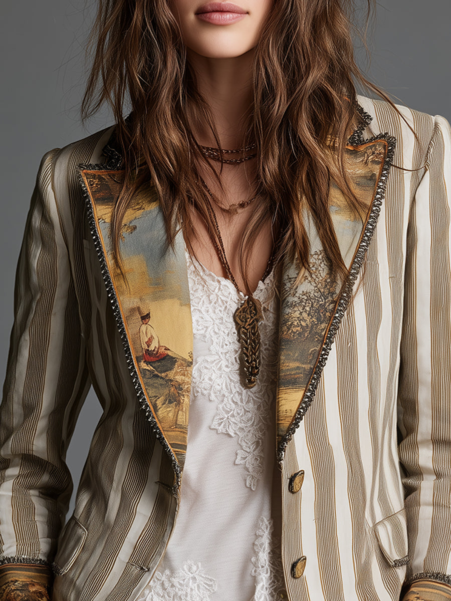 Blazer de mujer con solapas y estampado de rayas bohemio.