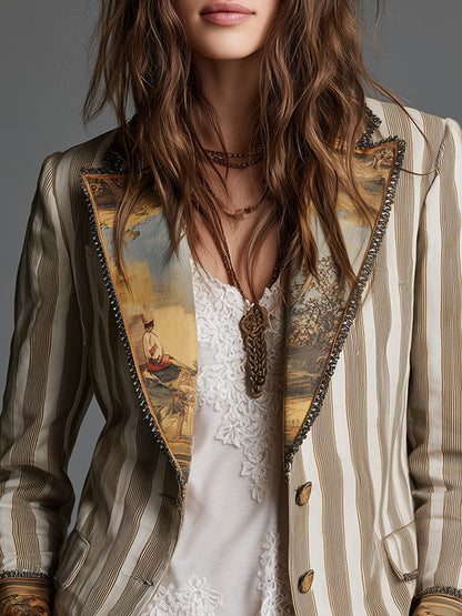 Blazer de mujer con solapas y estampado de rayas bohemio.