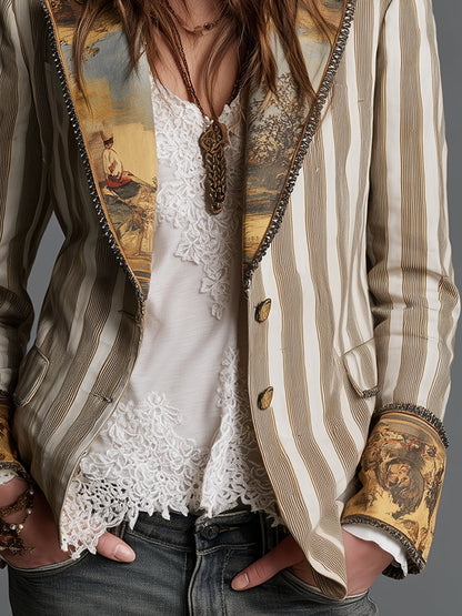 Blazer de mujer con solapas y estampado de rayas bohemio.