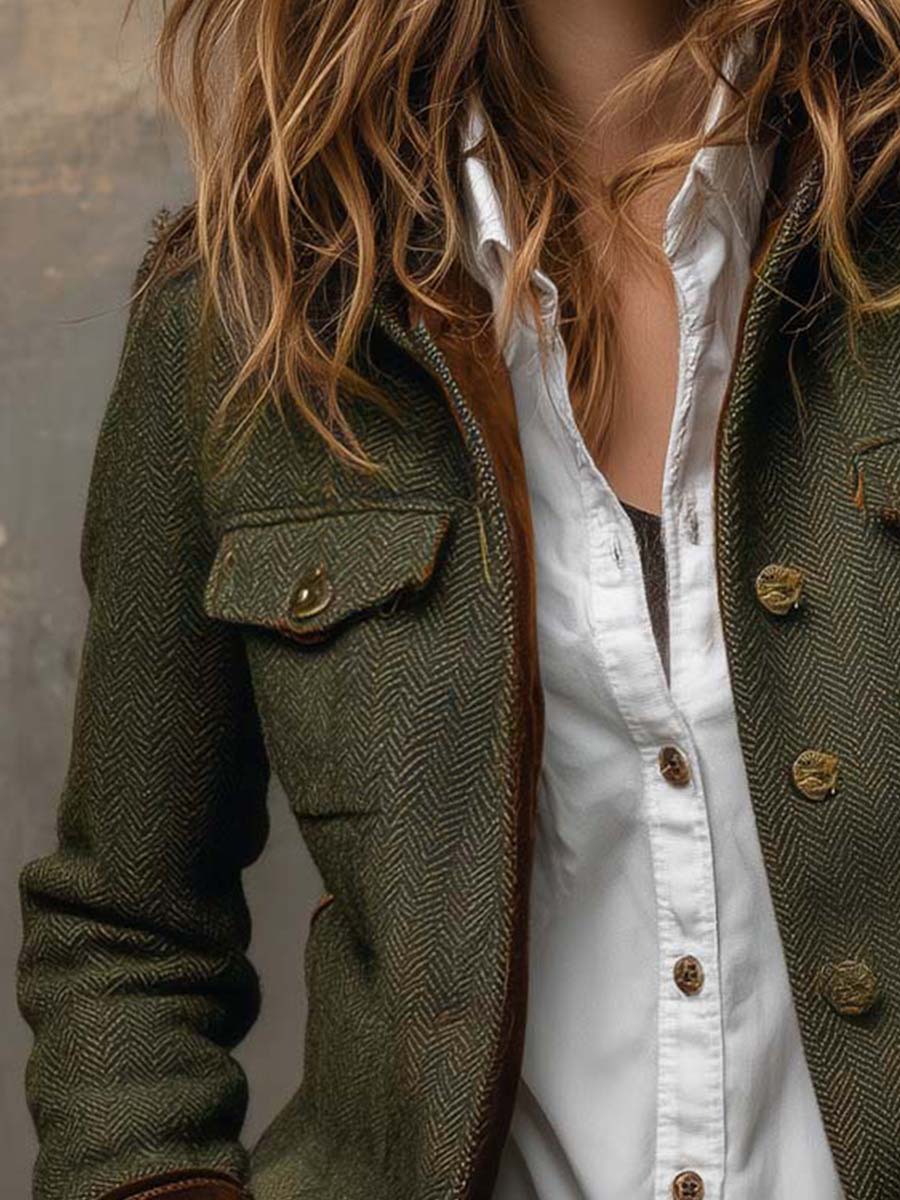 Blazer vintage de mujer de espiga con ribetes en contraste.