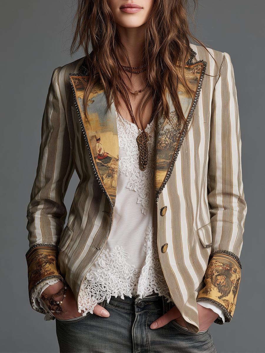 Blazer de mujer con solapas y estampado de rayas bohemio.