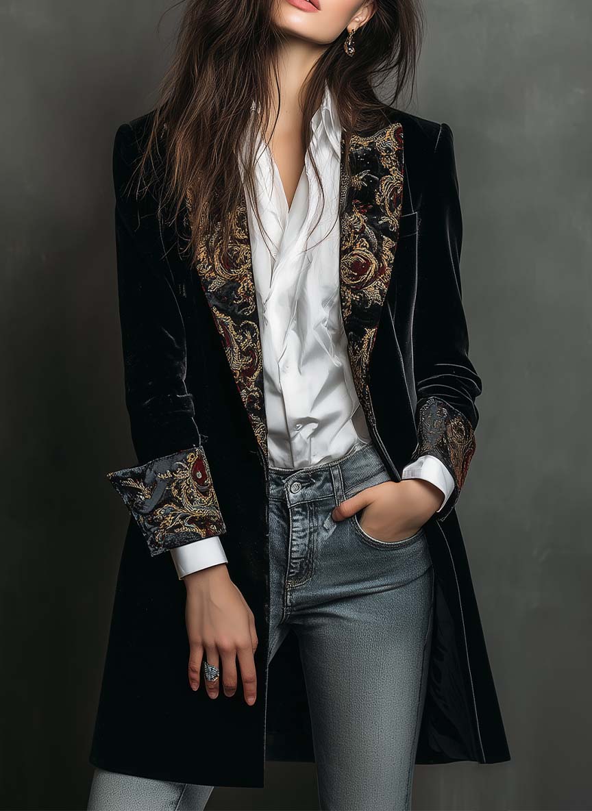 Blazer negro de mujer slim fit con solapas y estampado