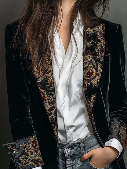 Blazer negro de mujer slim fit con solapas y estampado