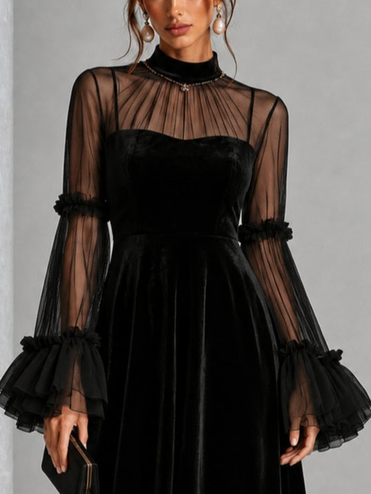 STEFANIA | Vestido Midi Plisado de Terciopelo Negro