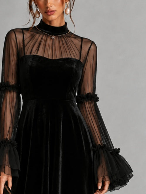 STEFANIA | Vestido Midi Plisado de Terciopelo Negro