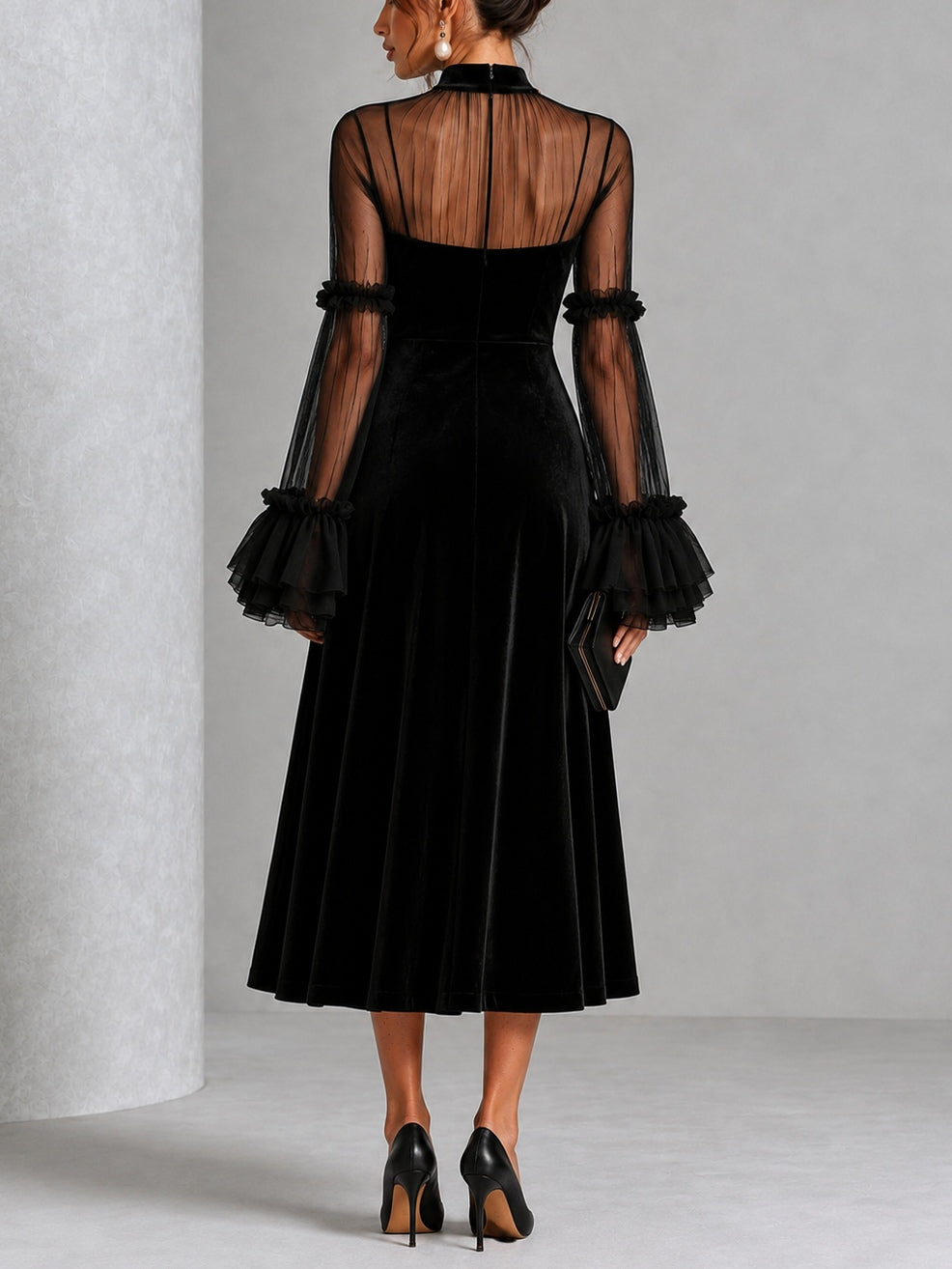 STEFANIA | Vestido Midi Plisado de Terciopelo Negro