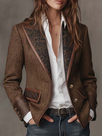 Blazer de mujer de espiga con paneles estampados.