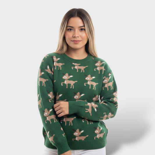 Suéter Navideño con Diseño de Reno y Estilo Divertido