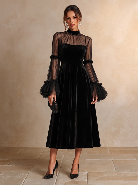 STEFANIA | Vestido Midi Plisado de Terciopelo Negro