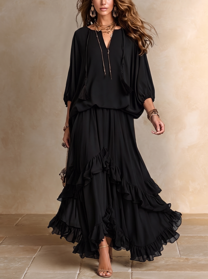 ELVIRA | Conjunto de Top de Gasa Negro - Escote V