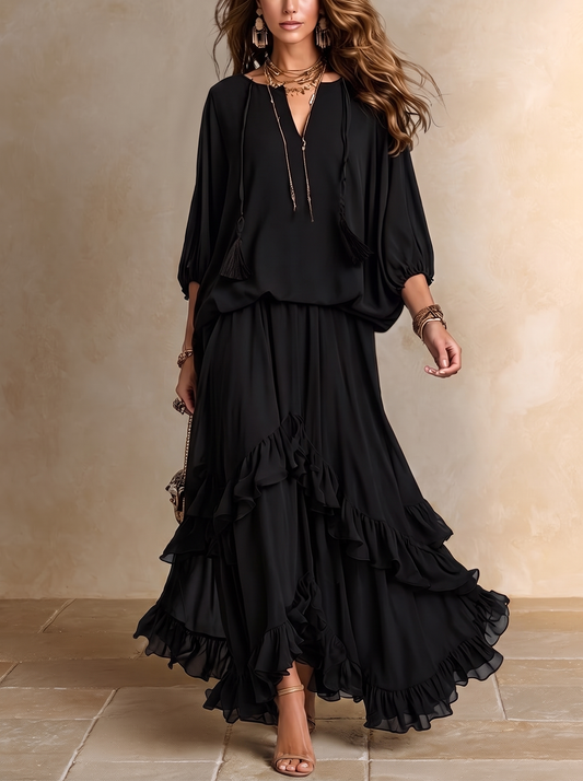 ELVIRA | Conjunto de Top de Gasa Negro - Escote V