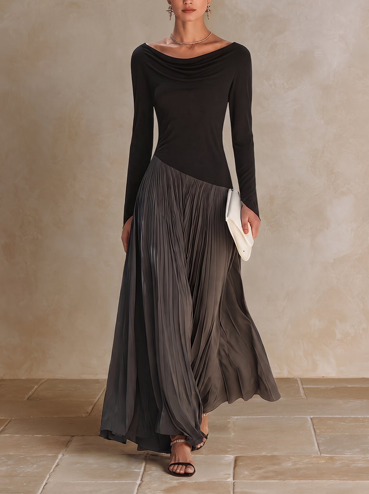 MARINA | Vestido Maxi Plisado con Cuello Drapeado
