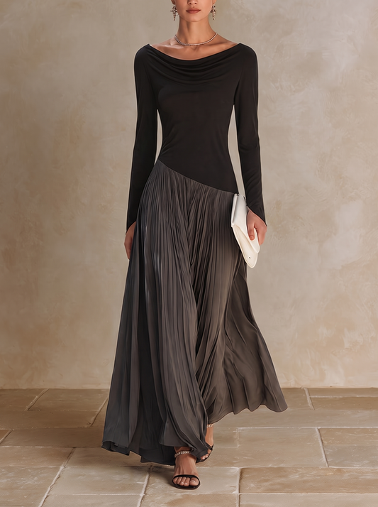 MARINA | Vestido Maxi Plisado con Cuello Drapeado
