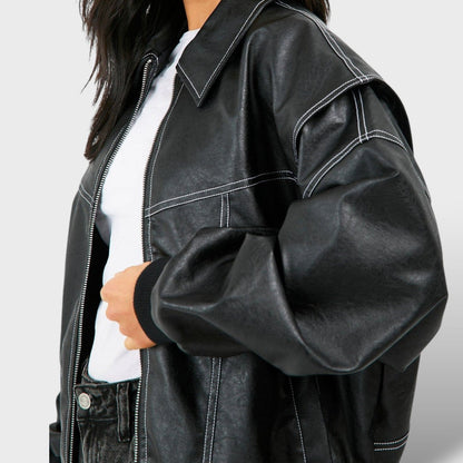 Bomber de Cuero Mujer Estilo Retro